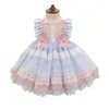 Baby flicka sommar spanska tulle klänningar barn lolita prinsessa klänning spädbarn eid födelsedag vintage boll klänning barn båge spetsrode 210615