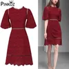 Designer Runway Dress Elegant Latarnia Rękaw Hollow Out Haft Vintage Party Red Mini 210421