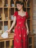 vintage Victorian square collar red embroidery midi A-line dress for women spring summer fashion lady dresses retro 210421