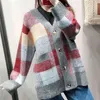 Streetwear Femmes Plaid Pull Cardigan Automne Mode Dames Col V Tricoté Tops Casual Femme Poche Lâche 210427