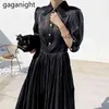 Gaganight Satin Womens Long Dress Puff Sleeve Lace Turn-down Collar Elegant Party Dresses Summer Buttons Pleated Dress 210519