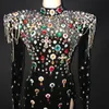 Multi-color Big Rhinestones Black Dress Glass Stones Women Prom Birthday Celebration Crystals Evening Stage Singer Dancer