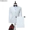 メンズエレガントな白いバラの花のジャカードのスーツのズボンのウェディングゴム2ピーススーツ男性のステージシンガーPROM衣装マリアージュHomme 210522