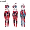 RStylish 2021 Sommer Tie Dye Drucken Lace Up Halter Crop Top und Legging Hosen Zwei Stück Set Sexy Clubwear party Outfit Streetwear X0709