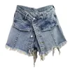 Kvinnor blå singel breasted wide ben denim vintage shorts hög midja mode casual vår sommar 16f0737 210510