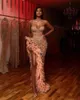 Women Strapless Beaded Sequins Prom Dresses Sparkly Ruffles High Slit Sweetheart Arabic Evening Formal Party Gowns