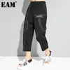 [EAM] Casual Pockets High Elastic Waist Black Harem Long Trousers Loose Pants Women Fashion Summer 1DD7606 210512