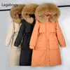 Lagabogy Large Real Raccoon Fur Long Down Parka Women Winter 90% White Duck Coat Super Thicken Warm Puffer Jacket Snow 211011