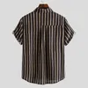 Mäns Casual T Shirts 2022 Män Striped Shirt Brand Stand Collar Streetwear Short Sleeve Knapp Bomull Linen Camisa Hombre Leisure Fashion Tops