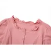 Летняя расточка дизайн кардиган блузка женщины розовый слойки с коротким рукавом ретро сладкие культивирующие рубашки топы Корейский стильный э-девочка тонкий Blusas 210515