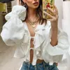 Vintage Ruffle V Neck Lace Up White Blouse Shirt Long Sleeve Summer Spring Beach Tops Crop Mujer 210427