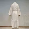 女性のための春の春のドレスのための襟の長袖ハイウエストパッチワークレースのミディドレス女性のファッション210520