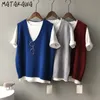 MATAKAWA Damen Strickweste Frühling Preppy Style V-Ausschnitt Pullover Weste Frauen locker und faul ärmellose Weste 210513