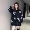 Vår och höst koreanska versionen av rund hals stjärna ljus silke pullover svart tröja kvinnor lös skjorta 210427