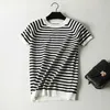 Sommar Kortärmad Striped Pullover Kvinnor Tröja Stickade Tröjor O-Hals Toppar Koreanska Pull Femme Jumper Kvinna Vit Svart 210812