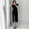 Korejpaa Women Dress Summer Korean Chic Elegant Temperament V-Neck Carefully Machine-Knotted Irregular Slit Knitted Vestido 210526