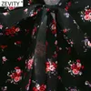 Kvinnor Vintage Bow Collar Ruffles Flower Print Midi Dress Ladies Elastisk Midja Platser Casual Vestido A Line Dresses DS4291 210420