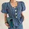 KOREJPAA Mulheres Blusas Coréia Chique Retro Elegante Quadrado Collar Curto Single-Breasted Bubble Sleeve Camisa Top 210526