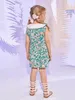 Robe à col de poupée contrasté à imprimé tropical pour petites filles SHE