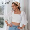 Sexy white lace-up cotton women blouse Spring square collar short crop tops Casual retro puff sleeve backless shirts 210414