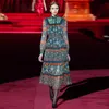 Fashion Designer dress Spring Women's Dress Long sleeve Lace Mesh Lurex Elastic waist Vintage Floral Print Dresses 210524