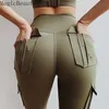 Frauen elastische hohe Taille Fitness Gym Taschen Legging solide Push-Up Workout Cargo Hosen 211014