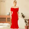 Winter Women Red Off Shoulder Short Sleeve Club Bodycon Bandage Dress Sexy Mermaid Celebrity Runway Party Dresses 210423