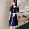 Summer Bow Lapel Long Sleeve Single-Breasted Knitted Dress Vintage Hit color Striped Casual A-Line 210519