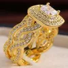 Vintage Female Round Crystal Stone Ring Set Charm Gold Silver Color Wedding Rings For Women Trendy White Zircon Engagement223U