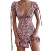 Kvinnor sommar a-line klänning sexig djup v nacke knappar dragsko bandage kortärmad hög midja blommig print smal mini klänningar 210526