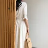 Sommerkleid koreanische Frauen solide V-Ausschnitt hohe Taille weiß für lässiges Temperament dünn lang es Vestidos 14139 210508