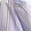 Women Vintage Cross V Neck Colorful Striped Print Short Slim Blouse Female Puff Sleeve Shirt Chic Chiffon Tops LS9136 210416