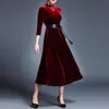 Elegant Velvet Midi Dress for Women Autumn and Winter Casual Boho Long Sleeves Fuchsia Vintage Party es 210421