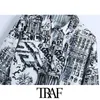 Traf Women Fashion with Bow Printed Asymmetry Bluses Vintage Long Sleeve Button-up kvinnliga skjortor Blusa Chic Tops 210415