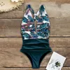 Sexy V-Neck Swimsuit Plus Size Stroje Kąpielowe Kobiety Wysokie Pasem Kostium kąpielowe Beachwear Backless Swim Wear S ~ XL 210712