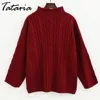 1赤女性特大のタートルネックセーターのための緩いsプルオーバー冬の女性の編み物プルオーバー210514