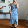 Korejpaa Women Dress Summer Korean Chic Temperament Square Neck Leaking Collarbone Slimming Tie-Dye Print Suspender Vestido 210526