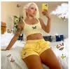 Esportes casuais correr elástica alta cintura shorts mulheres borboleta roupas conjunto streetwear sportswear sem mangas cortadas camisa lace-up y0625