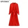 Women Elegant Fashion Office Wear Buttons Midi Dress Long Sleeve With Belt Female Dresses Vestidos Mujer 210420