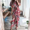 Casual Dresses Women Summer Elegant Button Ruched Bandage Shirt Dress mode Kort ärm Solid V Neck Beach Maxi