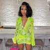 CNYISHE Profondo scollo a V Stampa Abiti al neon Coulisse Mesh Sheer Flare Sleeve Holiday Beachwear Outfit Donna Mini Boho Dress Robes 210419