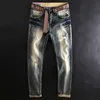 Italiensk stil mode män jeans hög kvalitet retro tvätt elastisk smal passform rippad vintage designer casual denim byxor mi79