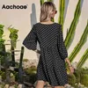 Women Casual Loose Polka Dot V Neck Pleated Chiffon Lantern Half Sleeve Mini Beach Dress Summer Robe Femme 210413