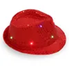 LED Shiny Sequin Women Fedora Hat Men Derby Cap Party Children Jazz Hats Dancing Boy Sunhat Light Up Girls Costumes Accessories 210413