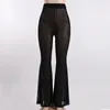 Cristal diamant maille pantalon pour femmes Sexy taille haute perles Patchwork évider Transparent longue résille 210514