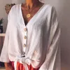 Jocoo Jolee retro single-breasted tie up boog crop tops vrouwen elegante effen lange mouw v-hals losse blouse harajuku shirts 210518