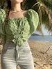 Camicetta con stampa verde da donna Vintage a maniche lunghe con lacci Top e camicette Camicie Blusas Roupa Feminina 210529