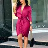 Sexy Satin Women Bodycon Dress Summer Elegant Print Patchwork Deep V Neck Long Sleeve Lace Up Button Slim Lady Shirt Dresses 210522