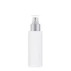 Förpackning Plastflaska Vit Flat Shoulder Pet Matt Silver Collar With Cover Pump Pump Tom Kosmetisk Refillerbar Portable Container 100ml 150ml 200ml