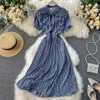 Neploe Flower Print Chiffon Dress Women Fashion Stand Collar Puff Sleeve Vestidos Elegant Lace Up Slim Waist Pleated Dresses 210423
